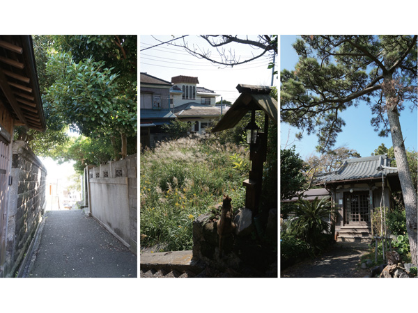 左：本物件前の細道。先には港が見える！真ん中：本物件の敷地。右：物件の横に建つ「波切不動」