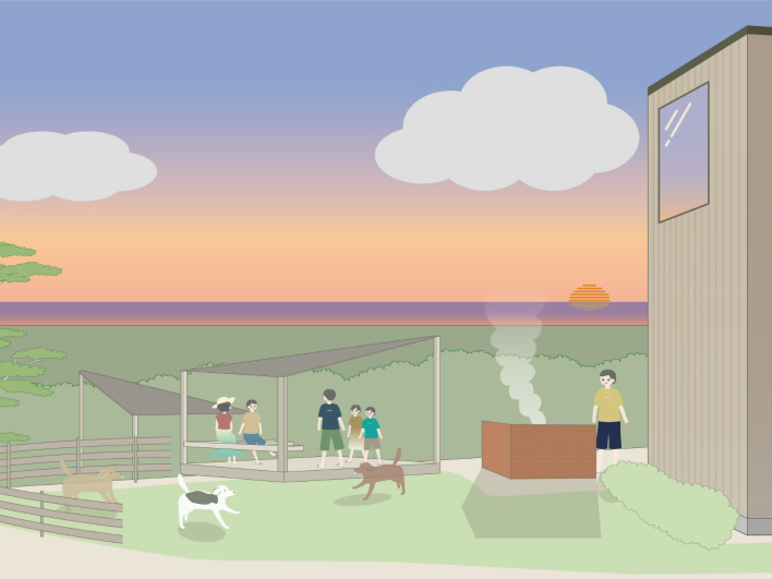 こんなチルなシーンが実現できるんです。気の置けない友人とサンセットまでBBQして、ワンコは走りまくる。最高！※イメージイラスト