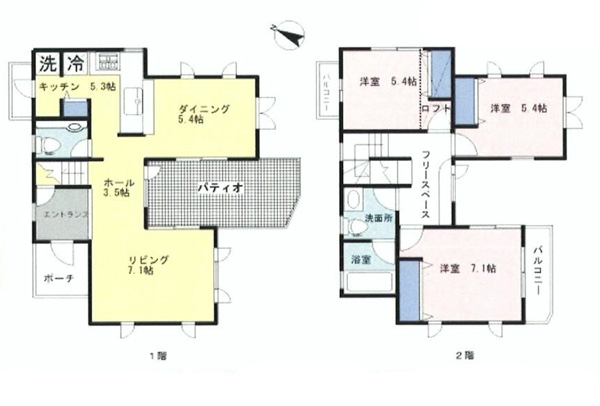 中庭があるオレンジ屋根の家の図面